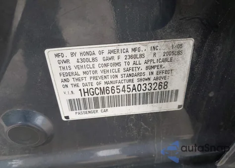 2005 Honda Accord 3.0 Ex from USA, damaged, VIN 1HGCM66545A033268